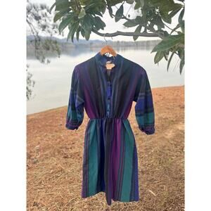 Vintage Straight Line Striped Knee Length Cotton Dress Size 10